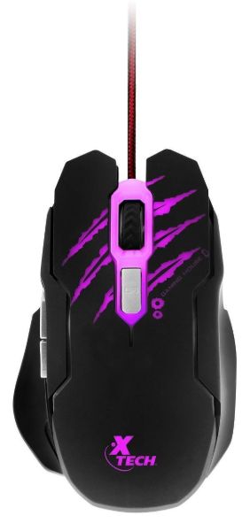 Imagen de Xtech - Mouse - USB - XTM-610 - Lethal haze - Gaming - Adjustable resolution settings of up to 3200dpi - 4-color LED lights - Convenient tangle-free cable - Type: 3D 6-button gaming wired mouse - Sensor: Optical - Resolution: Selectable settings with LED color indicators Red: 800 dpi Green: 1200dpi (default) Blue: 2400dpi Pink: 3200dpi - Interface: USB - Number of buttons: 6 - Lighted: Yes - Cable