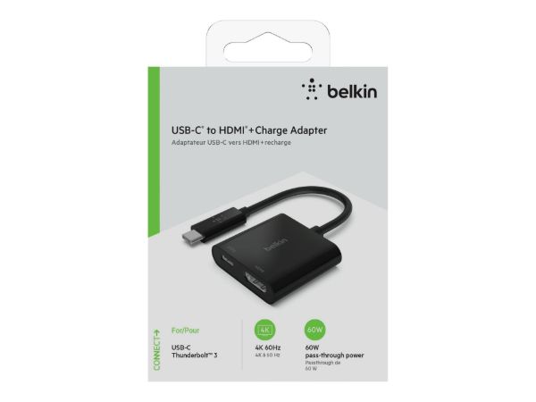 Imagen de Belkin USB-C to HDMI + Charge Adapter - Conversor de interfaz de vídeo - USB-C (M) a HDMI, USB-C (solo alimentación) (H) - negro - compatibilidad con 4K, USB Power Delivery (60W)